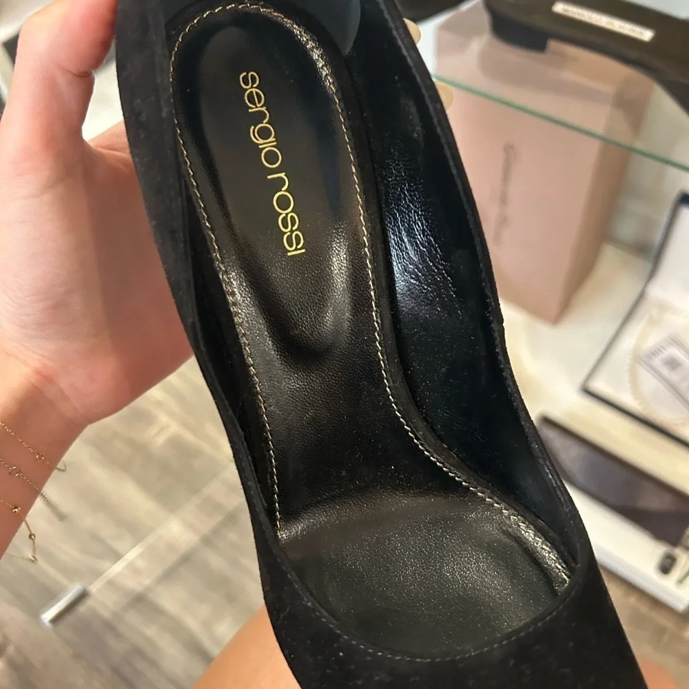Sergio Rossi Black Suede Platform Peep Toe Pump w/ Gold Heel Cut-Out